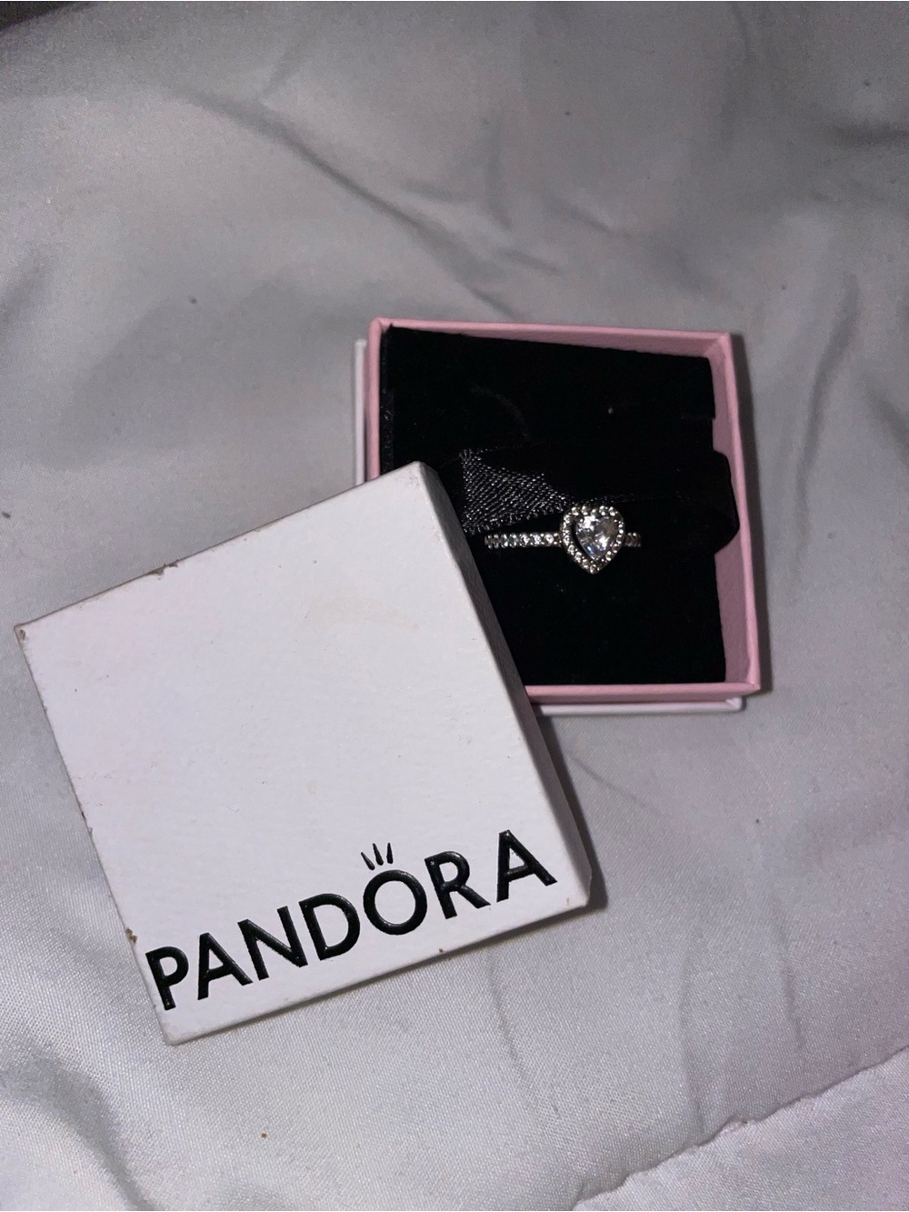 Pandora Silver Heart Ring with Clear Center Stone in Pink Box